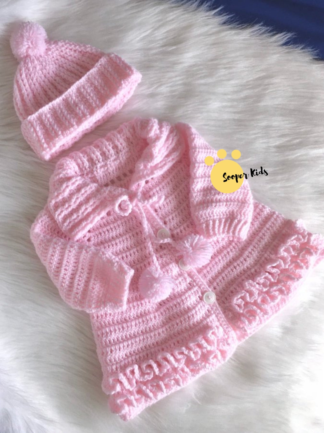 Crochet baby girl pink ruffle frock with matching cap