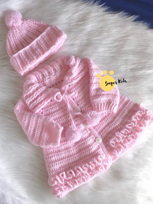Crochet baby girl pink ruffle frock with matching cap