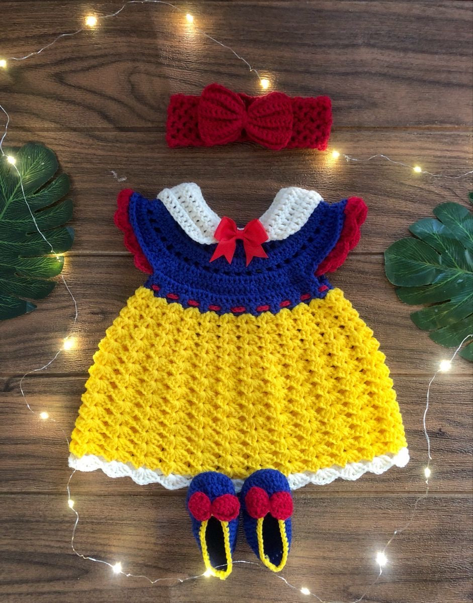 Crochet baby girl princess costume dress in yellow and blue with booties and headband