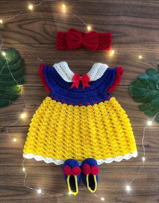 Crochet baby girl princess costume dress in yellow and blue with booties and headband