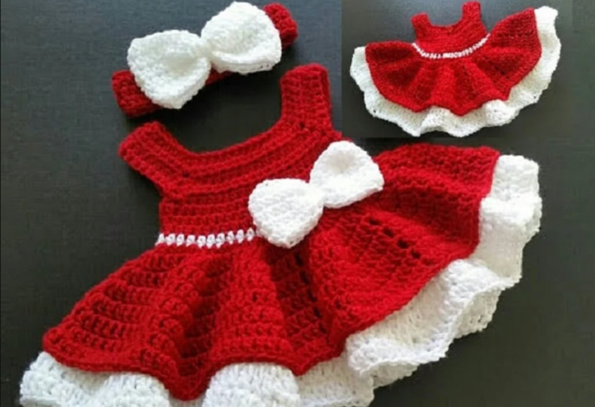 Crochet baby girl dress set in red and white