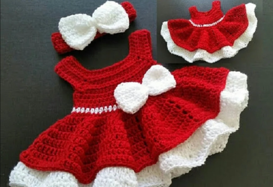 Crochet baby girl dress set in red and white