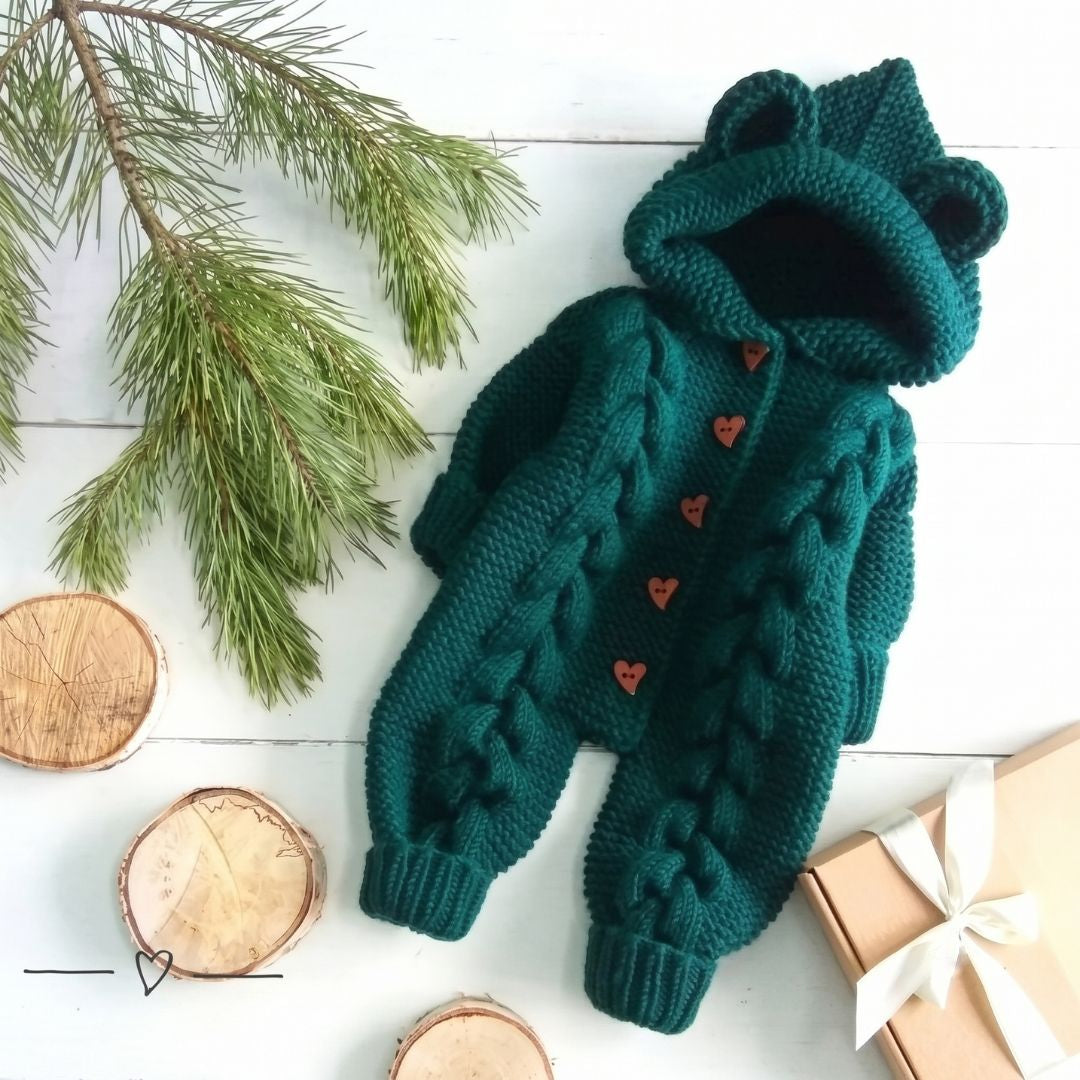 Crochet baby green bear hooded romper