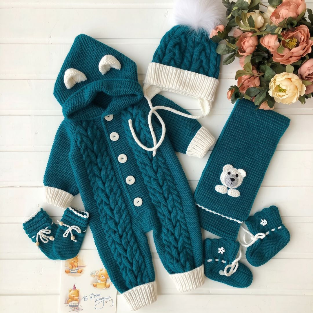 Crochet baby green romper set