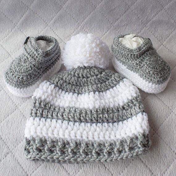 Handmade crochet baby grey stripe cap and booties set