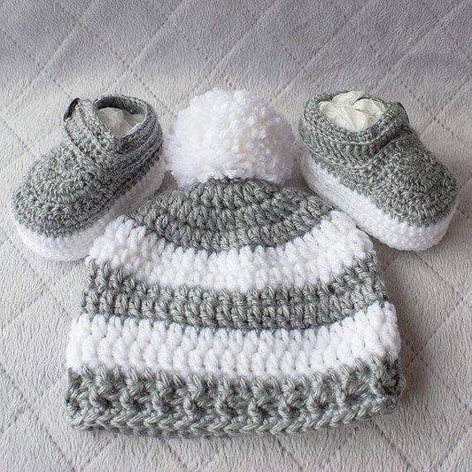 Handmade crochet baby grey stripe cap and booties set