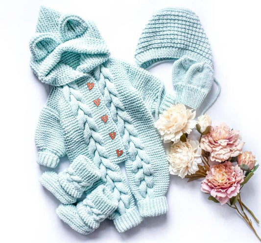Crochet baby hooded romper and hat set in mint