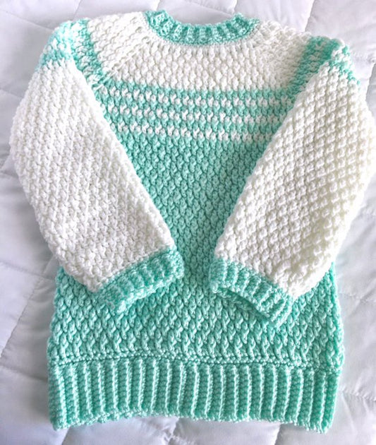 Crochet baby mint and white V-neck sweater