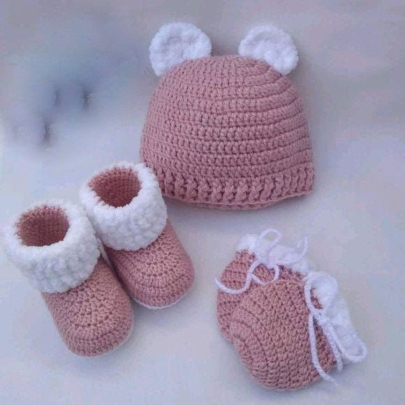 Handmade crochet baby pink bear cap and booties set
