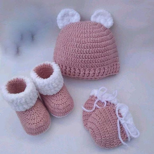 Handmade crochet baby pink bear cap and booties set