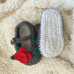 Crochet baby red rose shoes side view