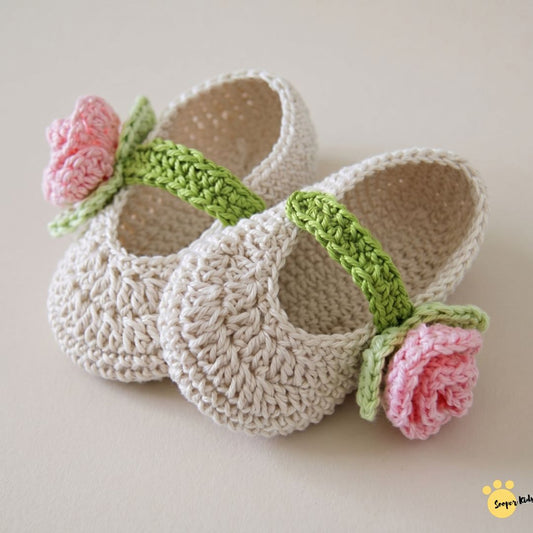 Cream crochet baby rose sandals with pink rose and green strap