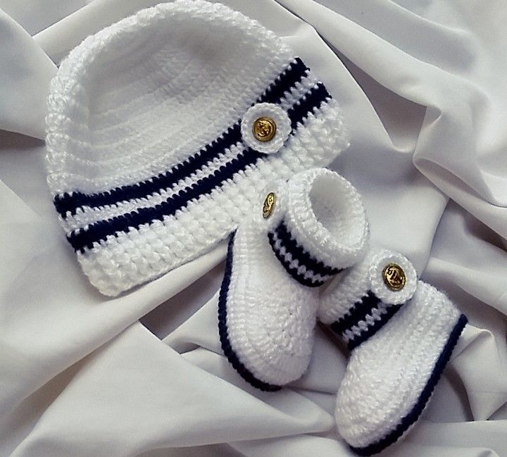 Handmade crochet baby sailor cap and booties set