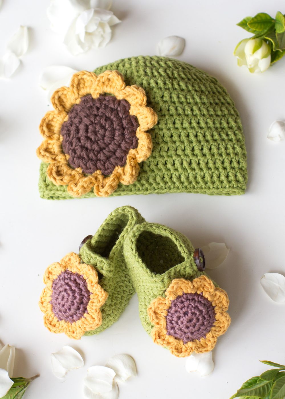 Handmade crochet baby sunflower cap and booties set
