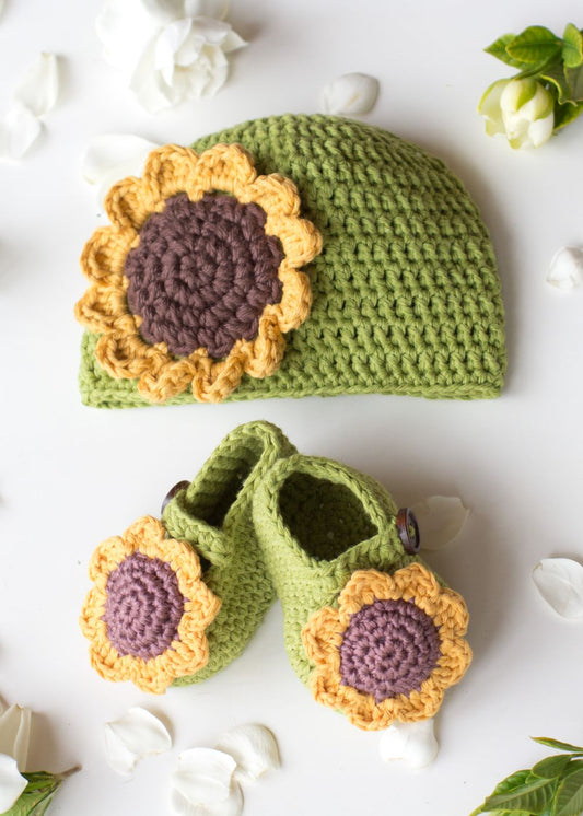Handmade crochet baby sunflower cap and booties set