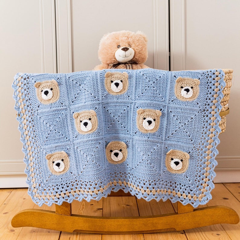 Crochet baby teddy bear blanket in blue granny squares