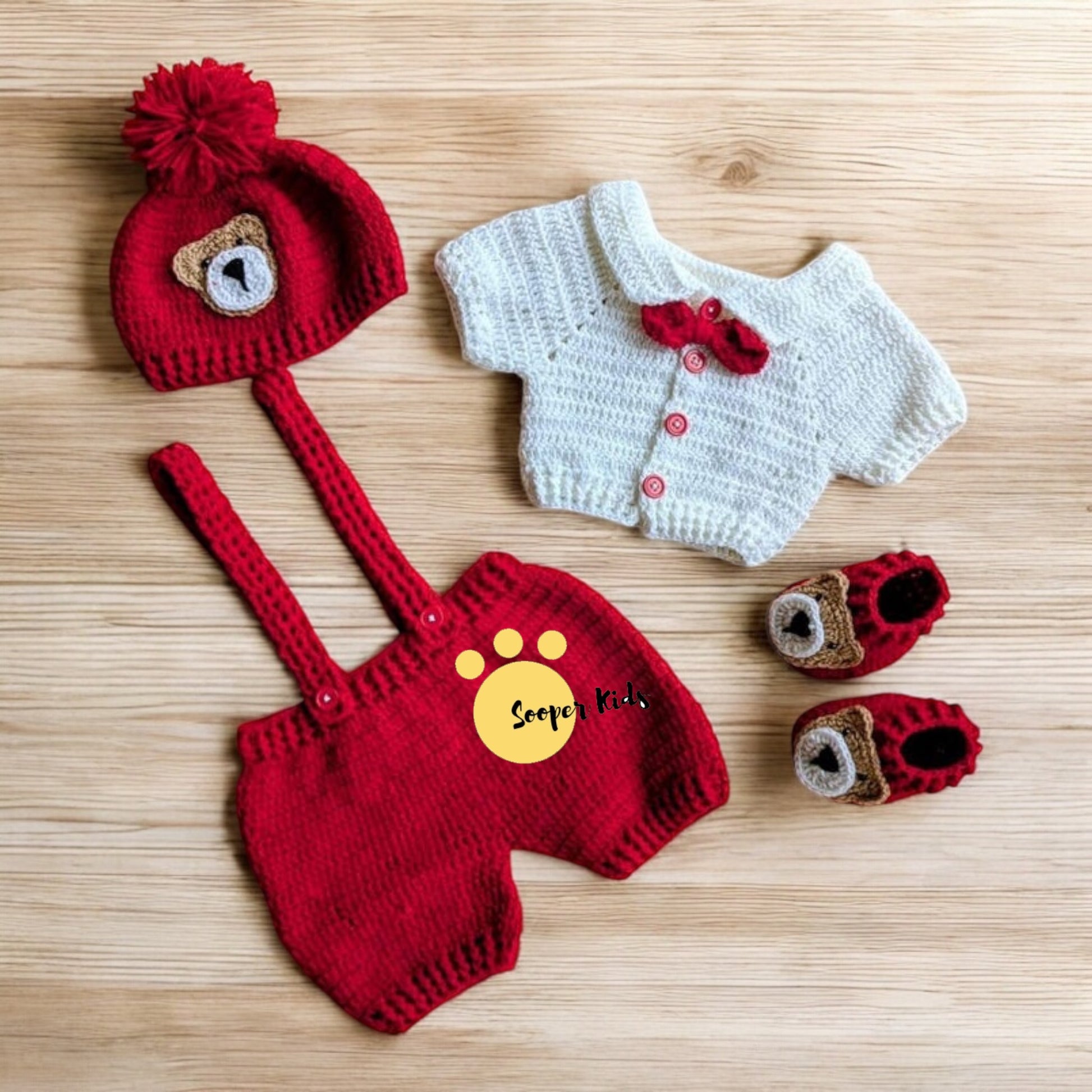 Handmade crochet baby red bear outfit set