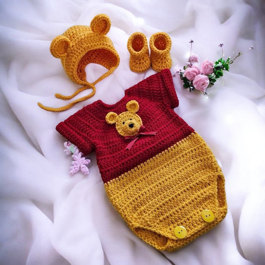 Handmade crochet baby bear romper set in red and yellow including romper, bear hat and booties