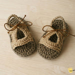 Handmade crochet baby bow tie sandals in brown and beige with bow detail