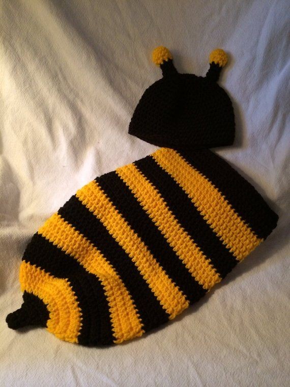 Handmade crochet baby bumble bee cocoon and hat set in black and yellow
