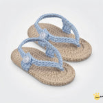 Handmade crochet baby flip flop sandals in beige and blue with button 