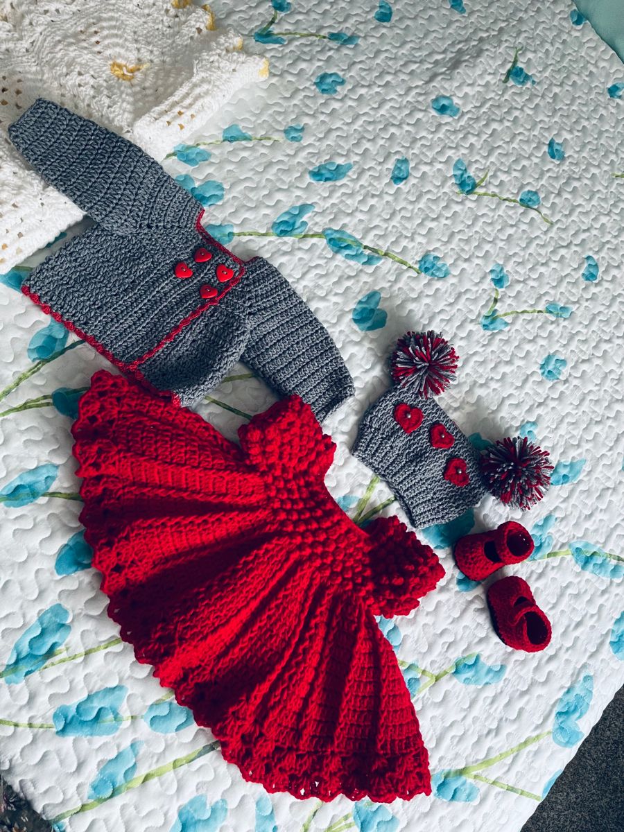 Handmade crochet baby girl dress and cardigan set with pom pom hat and booties in red and grey
