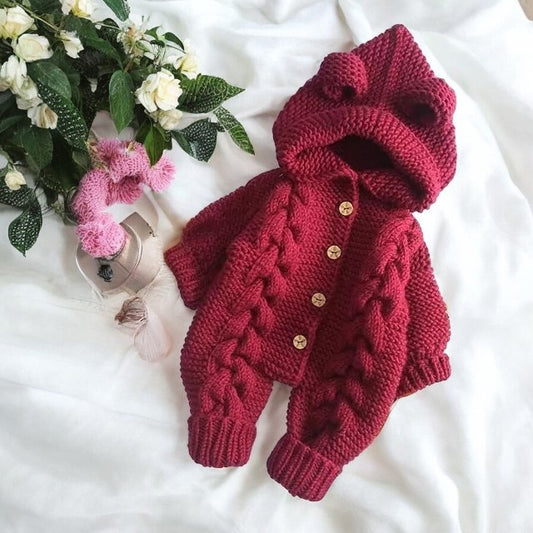Handmade crochet baby hooded romper in maroon with bear ear detail