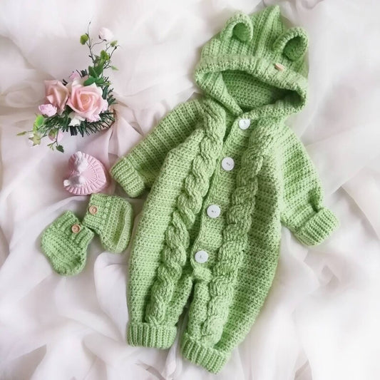 Handmade crochet baby hooded romper and mittens set in green with ear detail