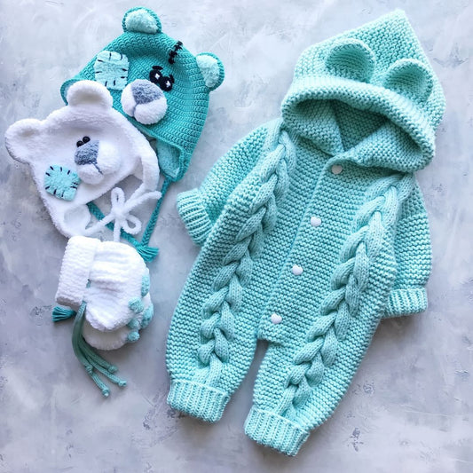 Handmade crochet baby romper set with bear ear hood, hat and mittens in mint green