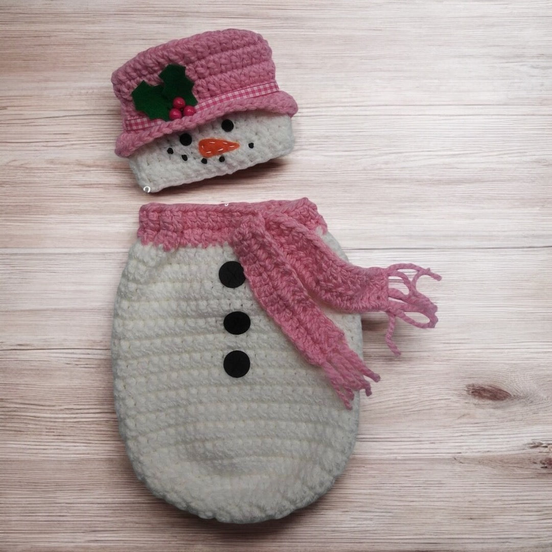 Handmade crochet baby snowman cocoon and hat set in white and pink