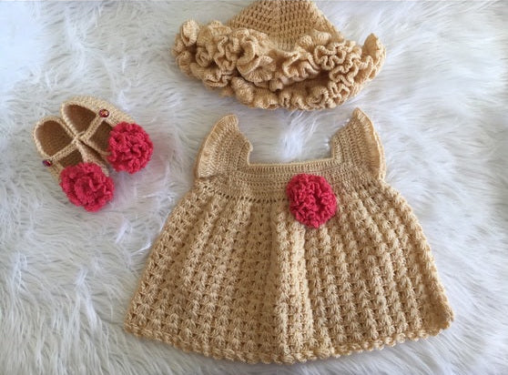 Crochet baby girl light brown floral dress