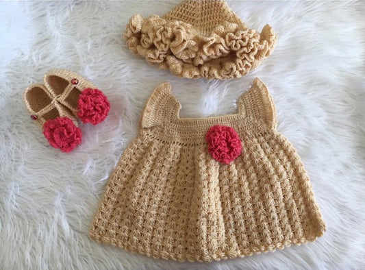 Crochet baby girl light brown floral dress