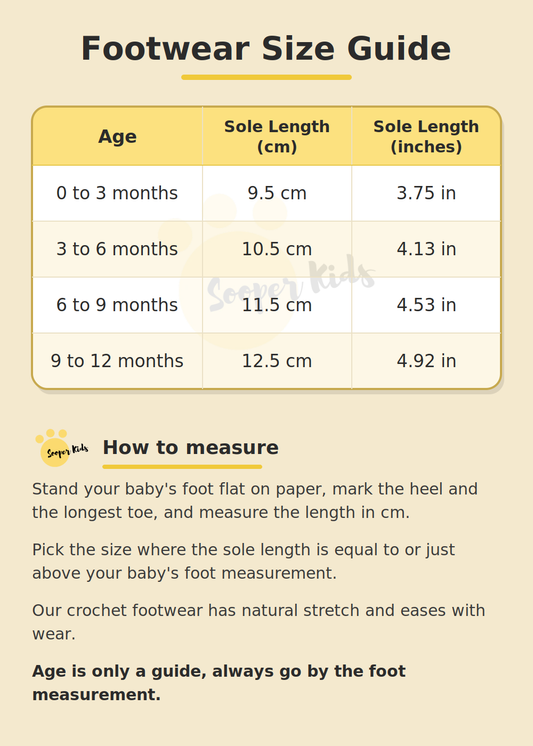 Sooper Kids crochet baby footwear size guide showing sole length in centimetres and inches for ages 0 to 12 months