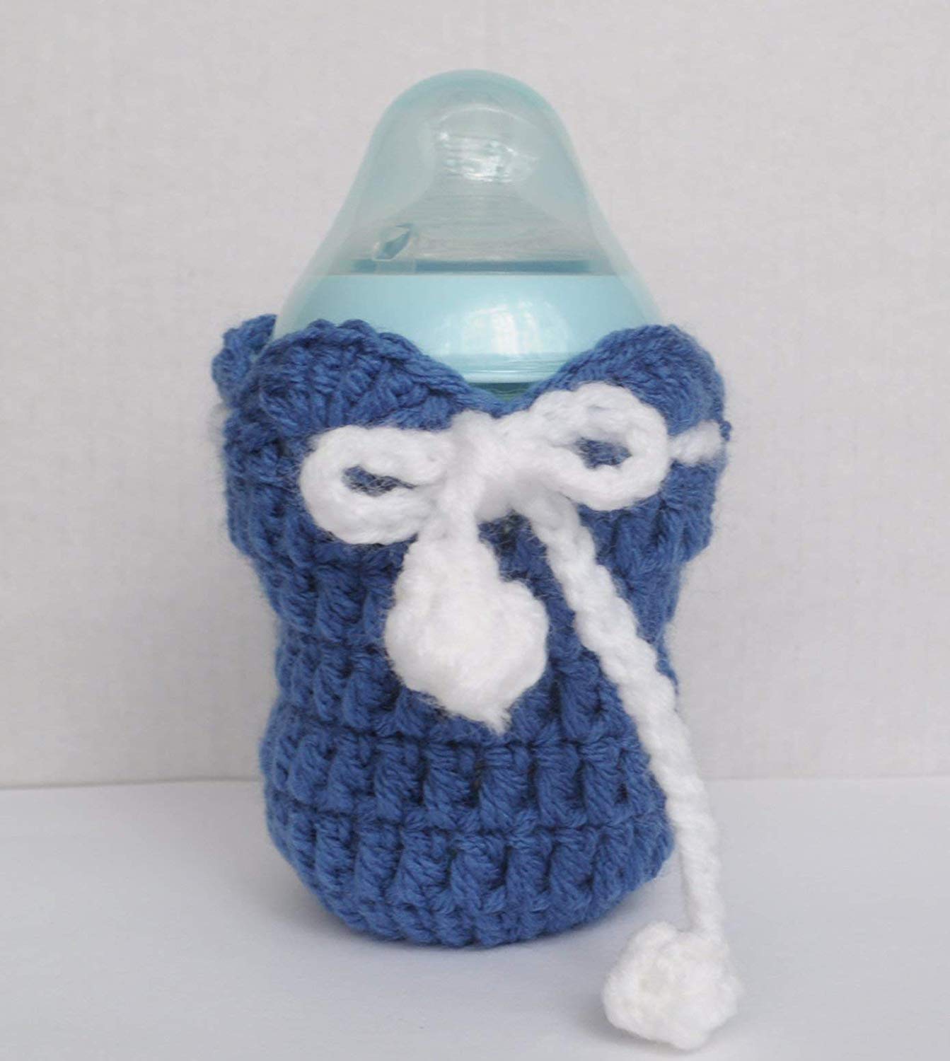 Crochet Baby White Bow Dark Blue Feeder Cover