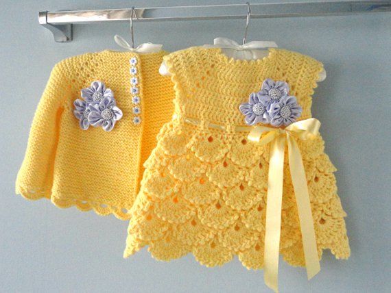 Super Warm Handmade Dress + Cardigan Set - Size 0M-3Y (Multiple Designs)