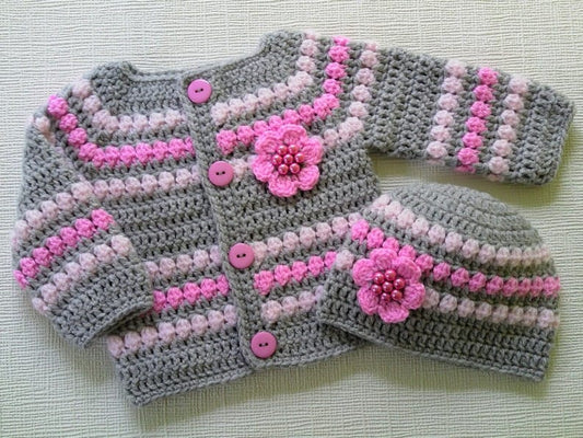 Handmade crochet baby girl sweater and cap