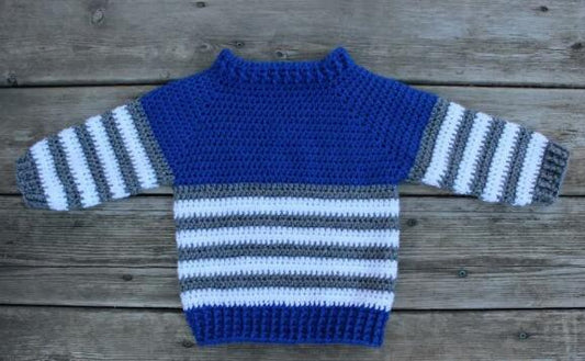 Crochet baby blue and white striped sweater