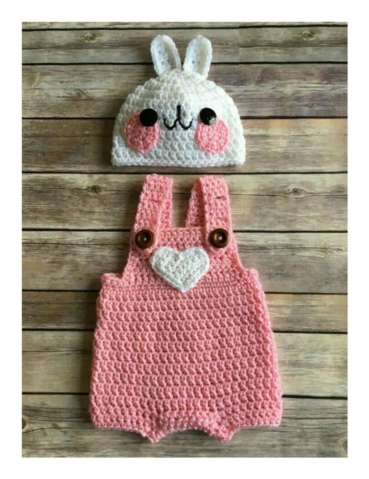 Crochet baby pink dungaree romper with bunny ear hat