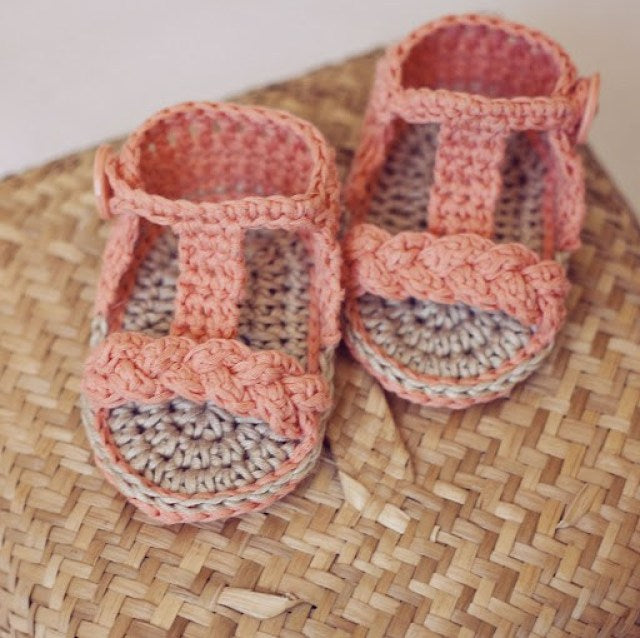 Coral and grey crochet baby sandals with braided strap