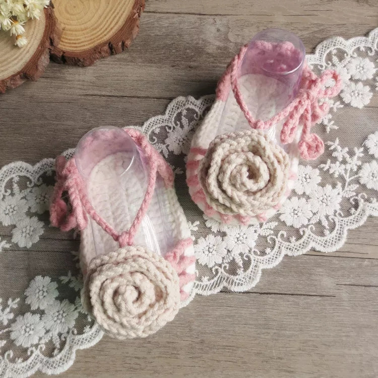 Handmade crochet baby cream rosette sandals