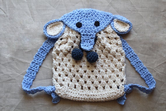 Crochet baby elephant backpack with elephant face and big ears