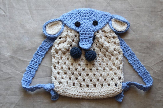 Crochet baby elephant backpack with elephant face and big ears