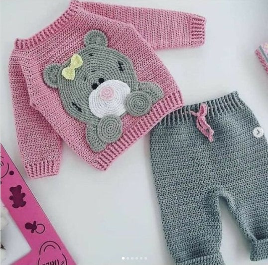 Crochet baby girl pink bear sweater with matching grey trousers