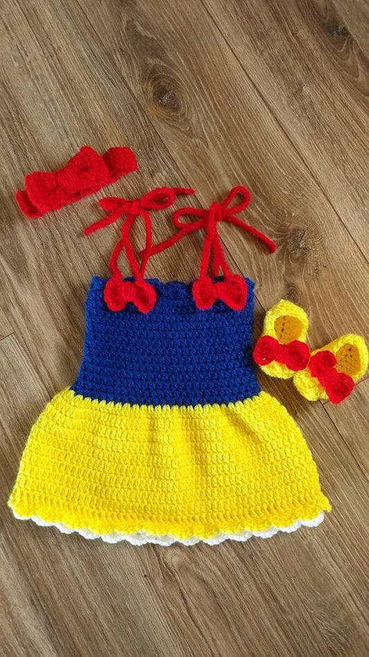 Crochet baby girl blue and yellow frock with shoes and headband