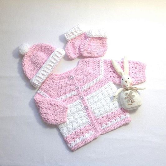 Crochet baby girl pink and white cardigan with matching cap and booties