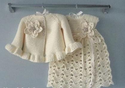 Crochet baby girl cream dress with matching cardigan