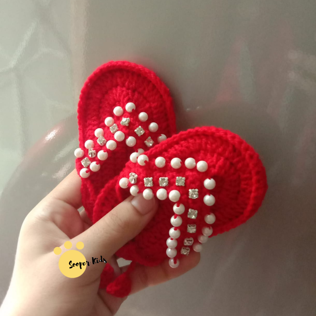Red crochet baby girl pearl sandals with rhinestones