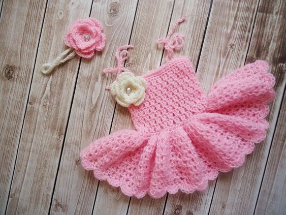 Crochet baby girl pink frock with matching flower headband