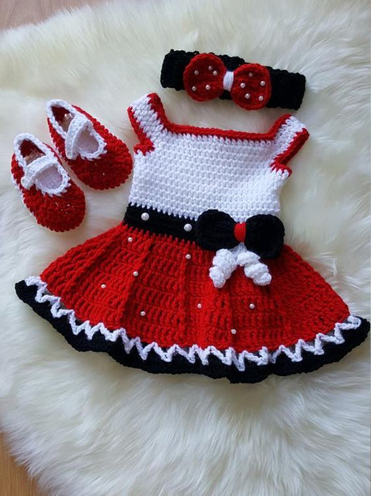 Crochet baby girl red and white dress with matching shoes and headband
