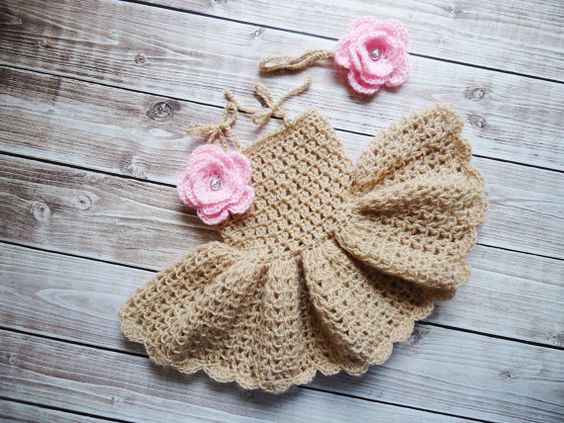 Crochet baby girl ruffle dress and headband set in beige and pink